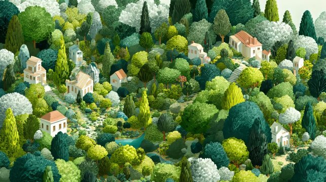 Architecture nestles within dense forest canopy featuring textured leaves and soft lighting.