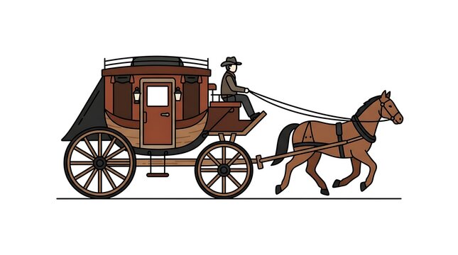 Vintage stagecoach with a horse and driver. Old western carriage for historical travel.