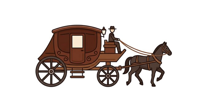 Vintage horse drawn carriage. Classic stagecoach with driver isolated on white background.
