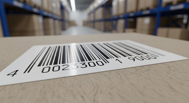 Close-up macro shot of a barcode sticker with numbers printed on a cardboard box package in a warehouse.