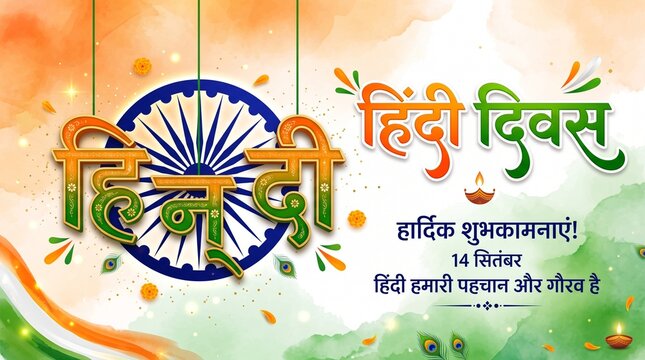 Hindi Diwas Greeting with Hanging Devanagari Letters and Ashoka Chakra Background Banner Design