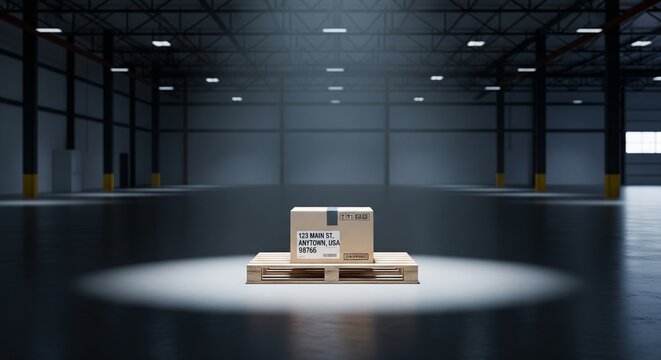 Single cardboard box package sitting on a wooden pallet in a spacious empty modern logistics warehouse