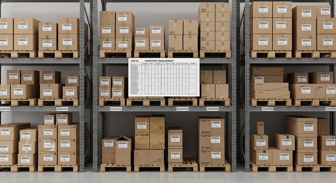 Inventory sheet posted near cardboard boxes stored on warehouse racks.