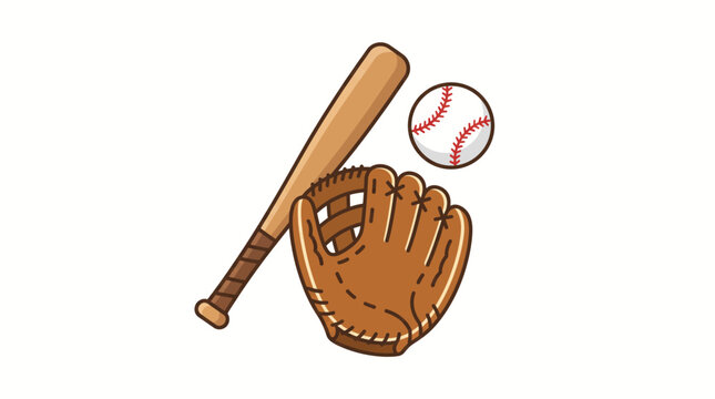 Illustration of classic baseball equipment including a wooden bat, a brown leather glove, and a white baseball with red stitching.