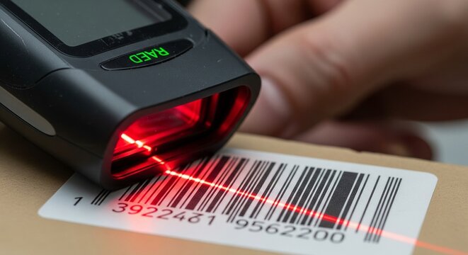 Hand holding a laser barcode scanner scanning a barcode on a cardboard box.