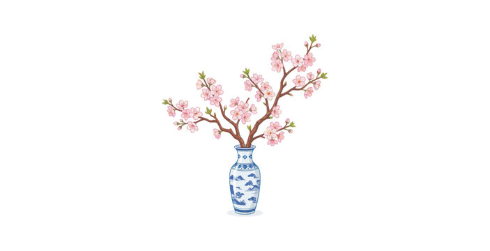 Cherry Blossom Branches in Blue Porcelain Vase Vector