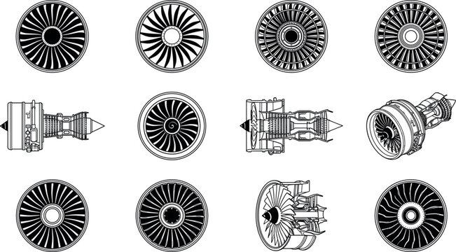 Jet engine and aircraft turbine vector icon set featuring detailed line art mechanical engineering propellers fans and propulsion machinery