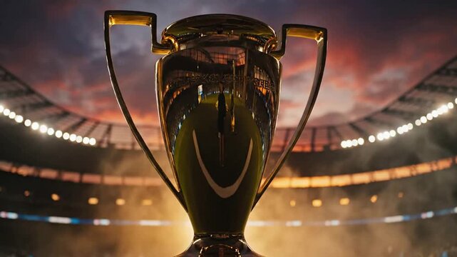 Golden championship trophy in empty stadium at sunset, cinematic sports victory celebration background, soccer ceremony atmosphere