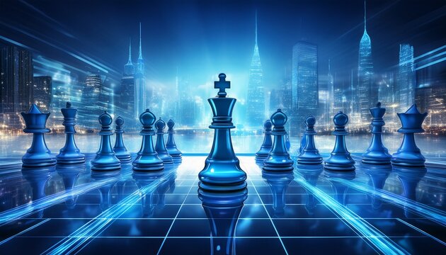 abstract blue digital chess pieces on board with futuristic cityscape background