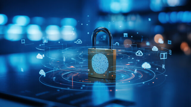 Digital fingerprint security lock on dark blue glowing tech background.