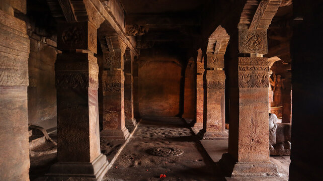 Intricate Stone Carvings Inside the Ancient Badami Cave Temples, Karnataka, India.
