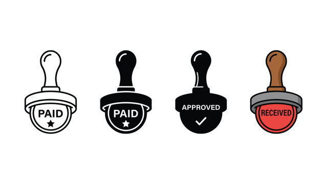 Set of various rubber stamp icons featuring paid approved and received labels