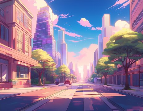 city streets landscape anime style