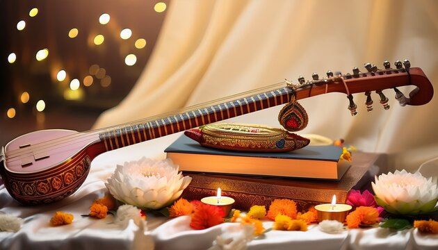 saraswati puja sacred veena resting beside beautifully arranged books fountain pen lotus flowers glowing clay diyas and subtle white silk fabric