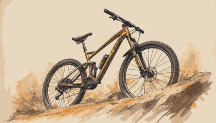 Fototapeta premium A rugged, full-suspension mountain bike with a golden-brown frame is depicted on a sandy, uphill trail, showcasing its off-road capabilities.