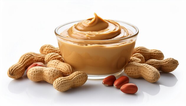 a glass bowl filled with creamy peanut butter surrounded by peanuts and shells isolated on a white background