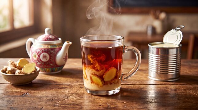 A steaming glass mug of Sudanese chai tea with fresh ginger and sweet condensed milk.