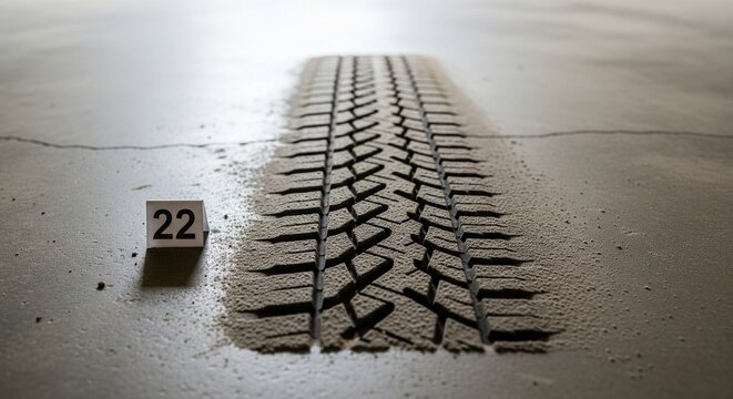 Close-up tire tread track imprint on gray surface.