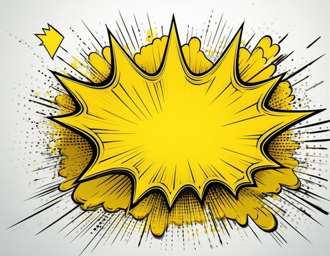 yellow explosion speech bubble starburst shape with comic style black outline pop art blank banner white background