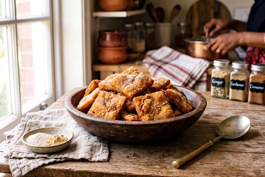 Freshly baked Somali kac kac crispy fried ginger cookies served in a rustic wooden bowl.