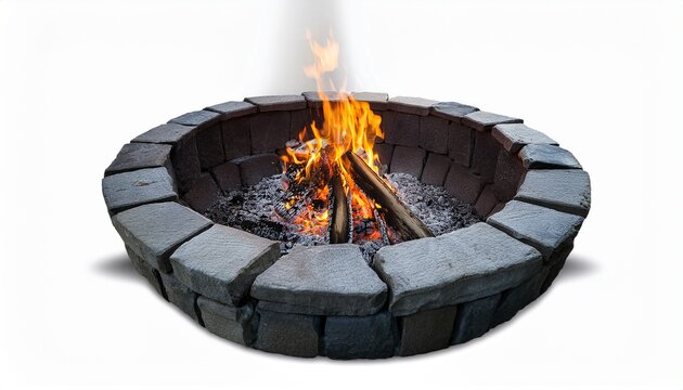 campfire burning wood in stone fire pit providing warmth and light for outdoor activities white background