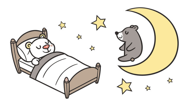 Cute polar bear sleeping in wooden bed with crescent moon and stars illustration
