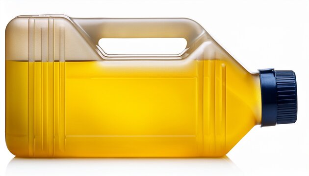 plastic jerrycan with yellow liquid isolated on white background