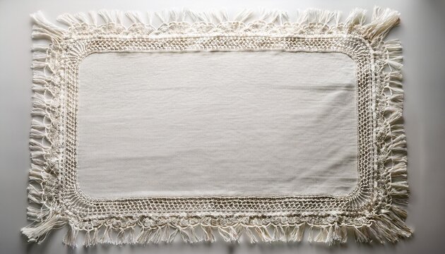 white cotton placemat with elaborate vintage lace border framing a plain textile area white background