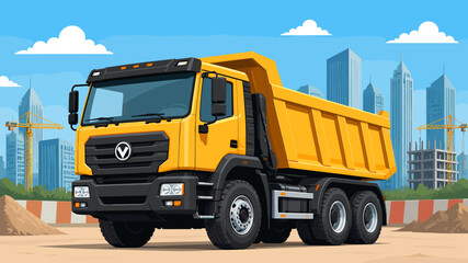 A bright yellow dump truck is parked on a construction site with tall buildings and cranes in the background. © waras
