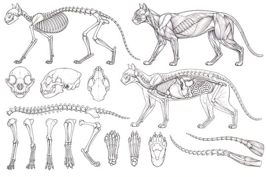 Detailed domestic cat anatomy collection with skeleton, muscles, skull, organs and bones isolated on white scientific illustration.