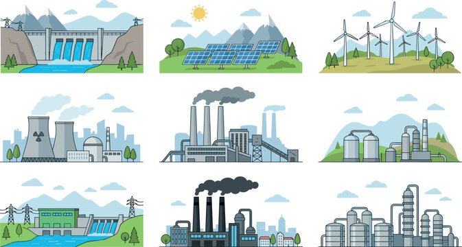 Industrial power plants and renewable energy vector banners set featuring green eco resources and polluting factories landscapes