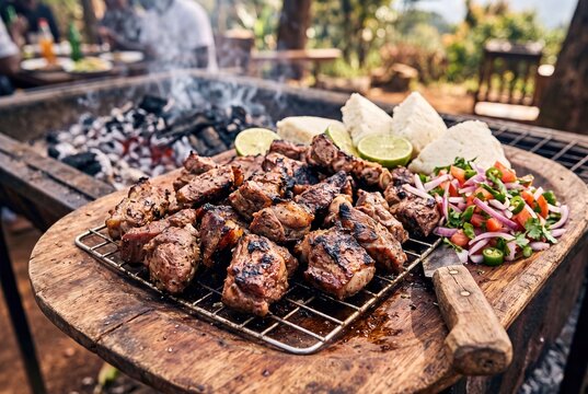 Traditional Tanzanian Nyama Choma charcoal grilled mountain goat meat served with fresh vegetable salad and ugali.