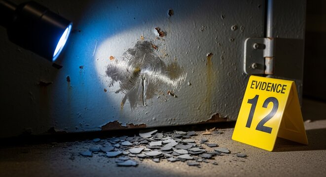 Close-up of bullet damage on a metal surface with paint chipping and a yellow crime scene marker