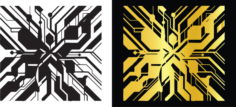 Geometric black and golden circuit board technology microchip pattern vector background set for modern tech