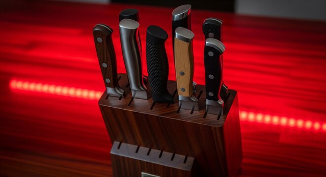 Modern wooden knife block holding multiple kitchen knives against a vibrant red background.