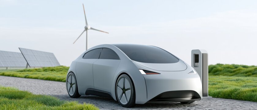 Futuristic silver electric vehicle charging at a station with solar panels and wind turbine
