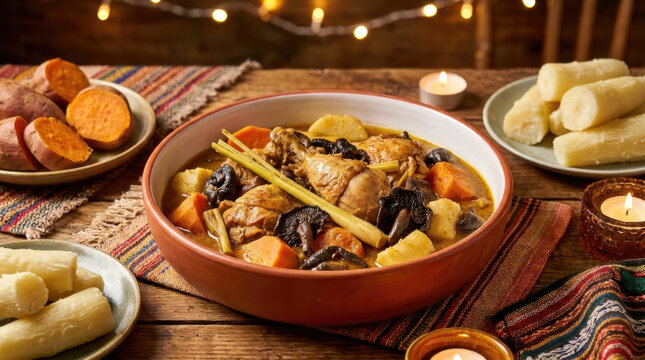 Traditional DR Congo Soso Ya Lamba Chicken Stew with Lemongrass Mushrooms Sweet Potatoes and Cassava