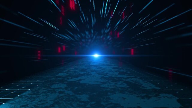 Cyber speed corridor light visual blue glow, red digital accents, reflective floor, and vanishing point depth. fast 19 scenes, tunnel travel clips, sci fi openers, and motion graphics.