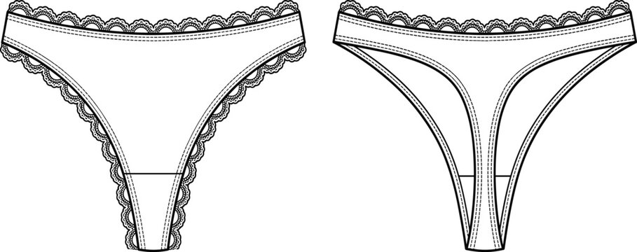 Women thong underwear flat sketch fashion technical drawing vector illustration apparel design template