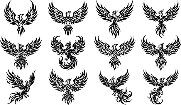 Mythical phoenix bird vector silhouette set featuring tribal detailed firebird tattoos falcon eagle and hawk wings spread