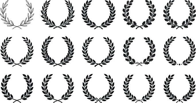 Laurel Wreath Icon Set with Classic Roman Olive Branches, Greek Victory Garlands, and Heraldic Oak Leaf Clusters for Premium Quality Awards, Certificate Tattoos, and Logos