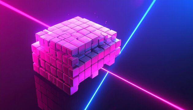 Digital 3D rendering of brain composed of numerous small cubes, some disintegrating or floating away, illuminated with vibrant neon colors in blue and pink against dark background, glowing geometric o