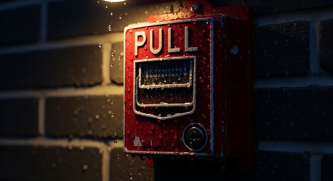 Close-up shot of a vintage red fire alarm pull station mounted on a white brick wall.