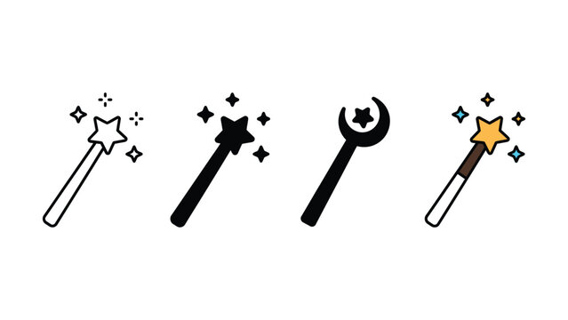 Set of four magic wands with star and moon designs