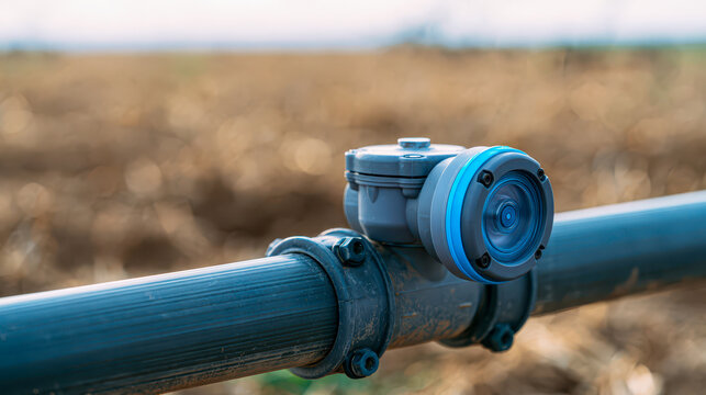 Compact inline water flow meter with blue accent ring mounted on an irrigation pipe against a blurred warm agricultural field