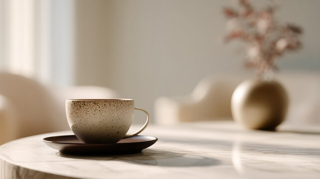 minimal coffee table setup, cup of coffee, soft natural light, clean background