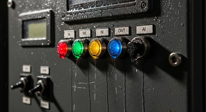 Industrial control panel with glowing red, green, yellow, and blue indicator lights covered in rain drops