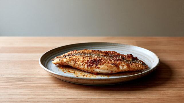 walleye. Freshly cooked golden-brown walleye fillet on ceramic plate, clean wooden countertop, healthy meal concept, menu design.