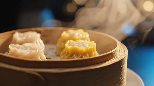 Steaming dim sum in a bamboo steamer with a soft background