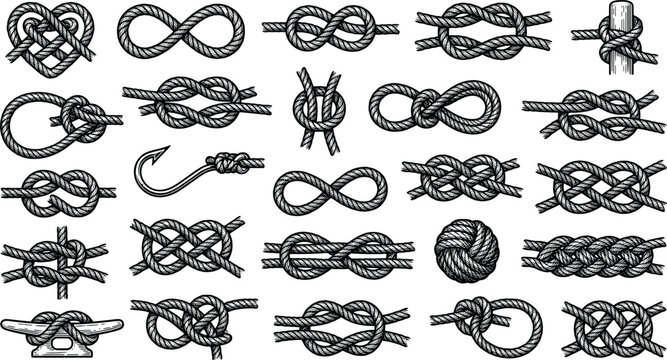 Nautical rope knots vector element set featuring detailed textured line art marine hitch loop infinity and sailing ties
